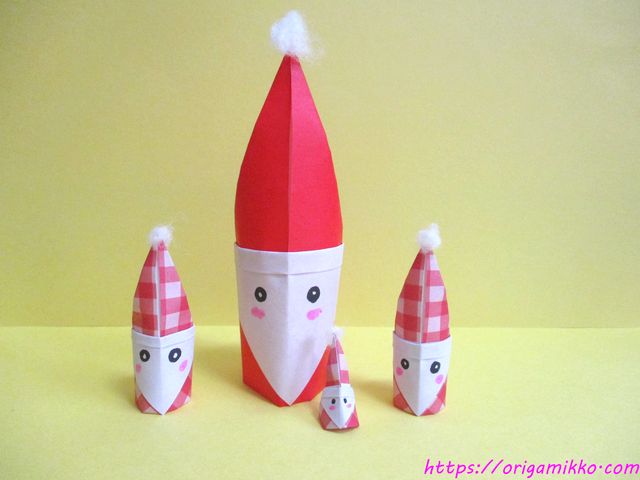 サンタクロースの全身の折り紙 かわいいサンタの指人形の立体の作り方 簡単で幼児にもオススメ おりがみっこ