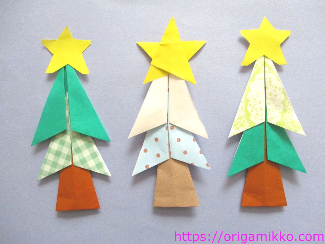 折り紙でクリスマスツリーの簡単な折り方 平面で幼児でも作れます