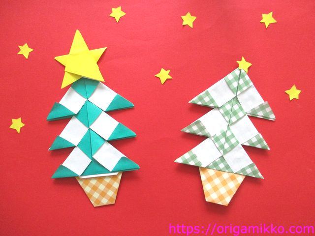 クリスマスツリーの折り紙 簡単に平面のかわいい飾りがこどもでも作れ